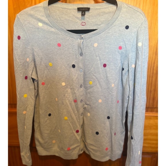 Talbots Cardigan Sweater Knitwear Polka Dot Button Front Long Sleeve Blue M - Picture 1 of 7